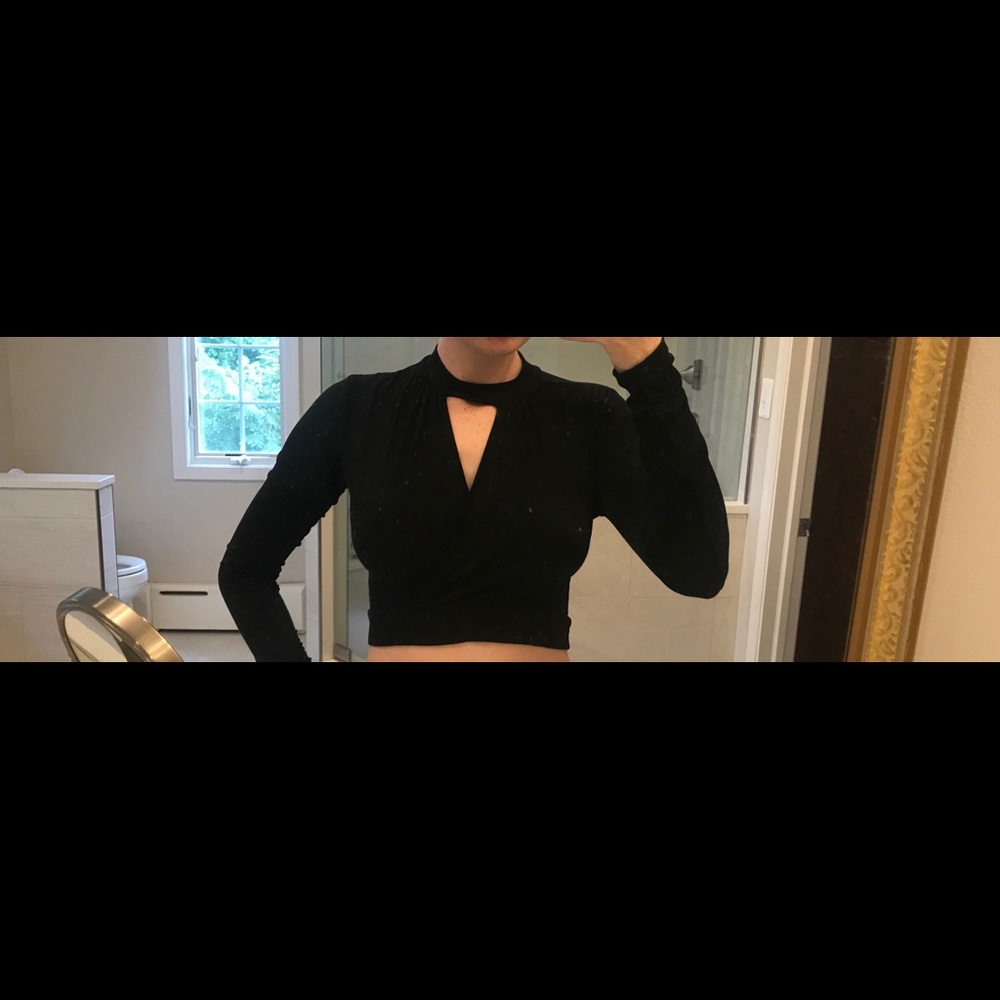 Black long sleeve crop top with a V neckline